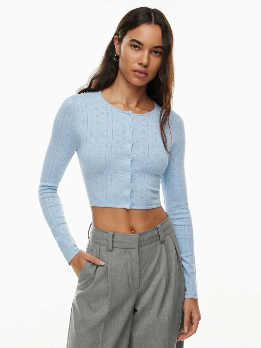 Sunday Best - Aritzia Light Blue Cropped Button-Front Knit Top - Women - Picture 1 of 5